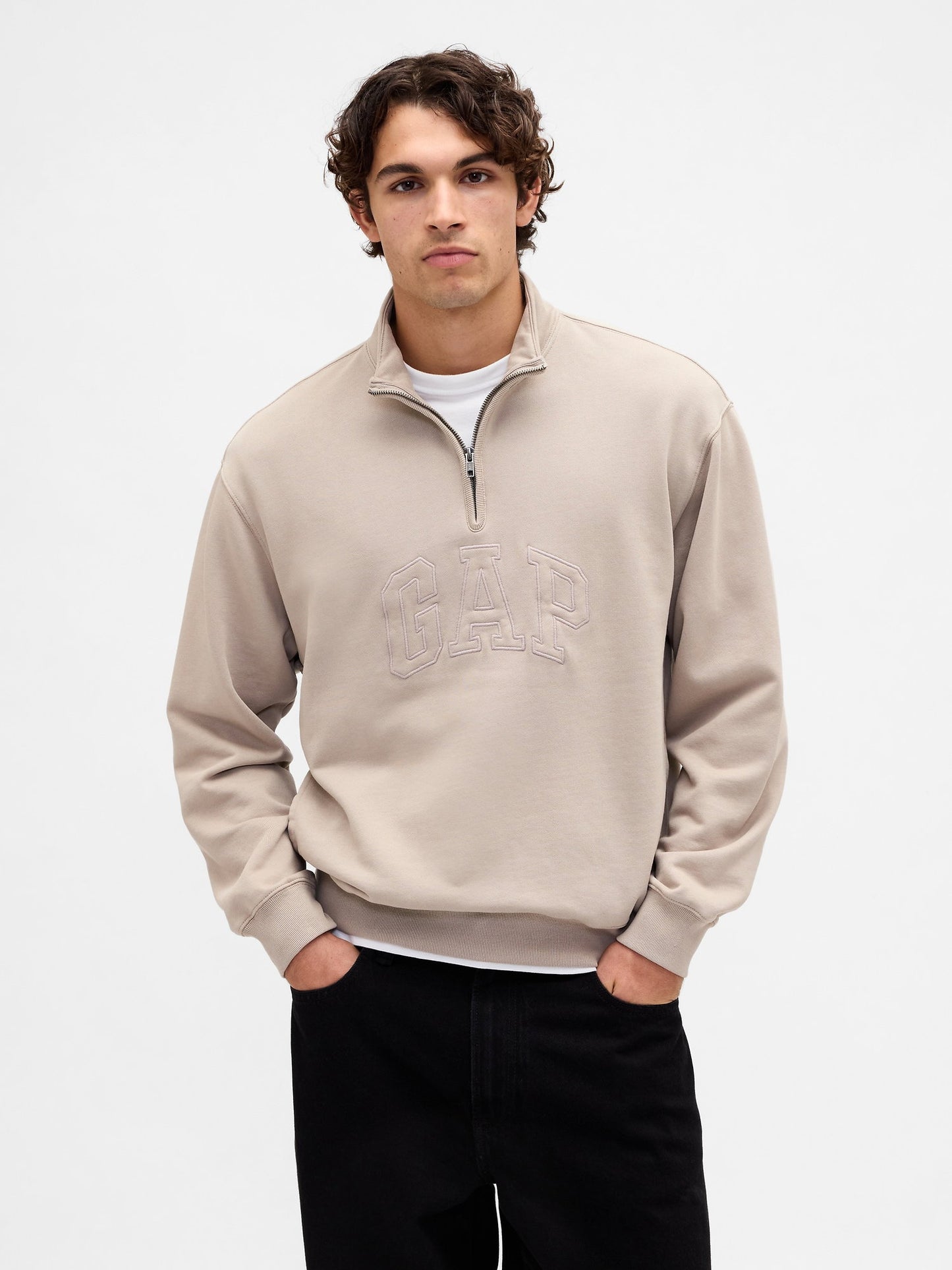 Krem Heavyweight Oversized Logo Yarım Fermuarlı Pullover