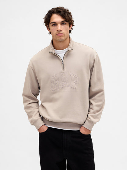 Krem Heavyweight Oversized Logo Yarım Fermuarlı Pullover