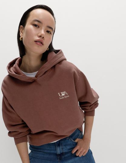 Saf Pamuk Grafik Baskılı Kapüşonlu Sweatshirt