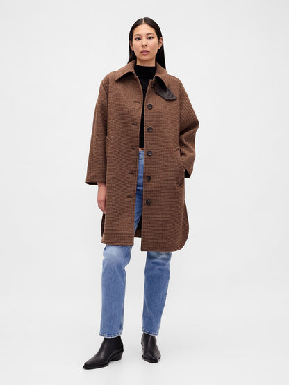 Kahverengi Yün Karışımlı Houndstooth Kaban