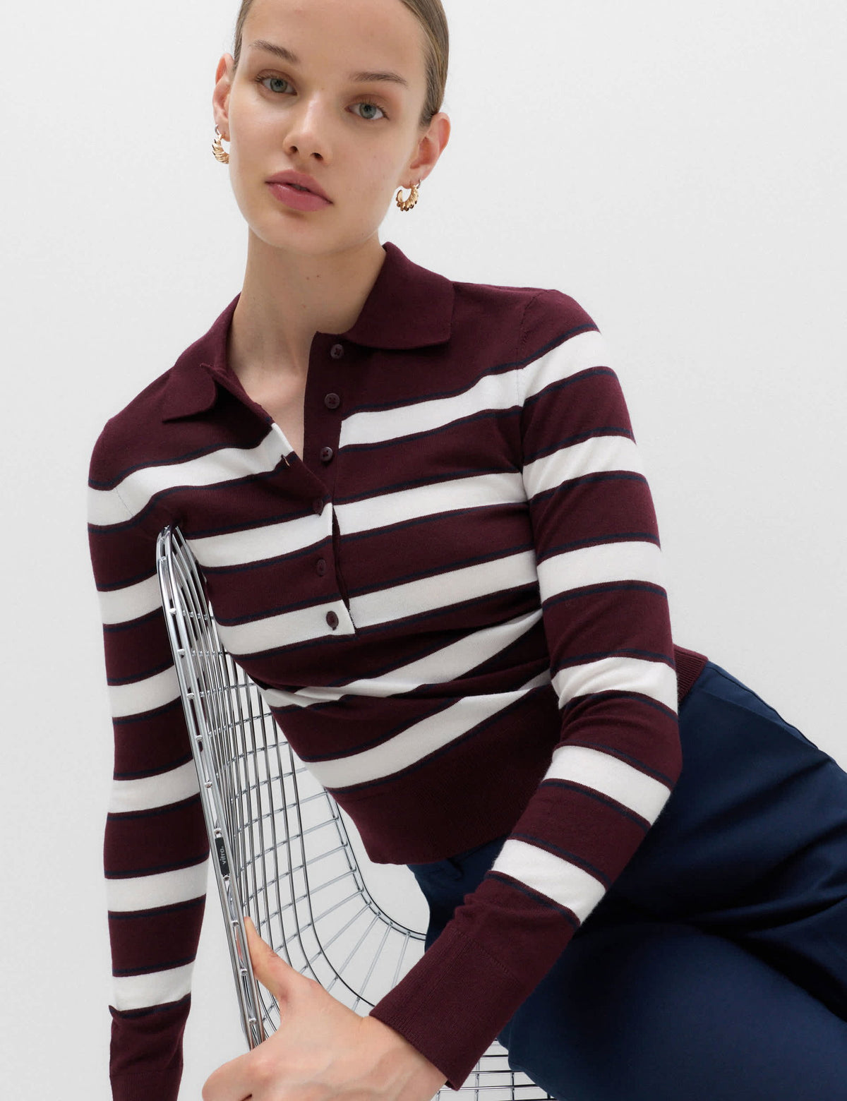 Yün Karışımlı Yakalı Çizgili Slim Fit Kazak