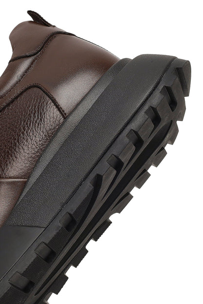 Erkek Kahverengi Bağcıklı Kalın Tabanlı Deri Sneaker