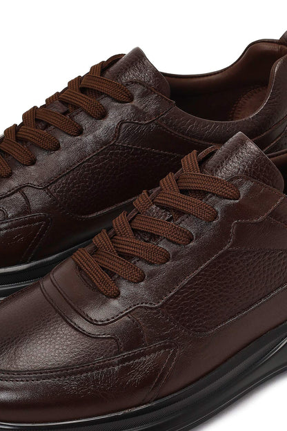 Erkek Kahverengi Bağcıklı Kalın Tabanlı Deri Casual Sneaker