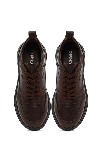 Erkek Kahverengi Bağcıklı Kalın Tabanlı Deri Casual Sneaker