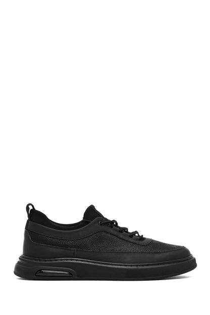 Erkek Siyah Bağcıklı Kalın Tabanlı Deri Sneaker