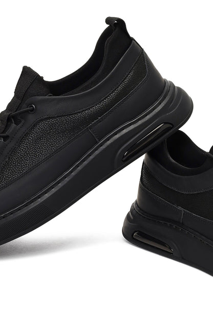 Erkek Siyah Bağcıklı Kalın Tabanlı Deri Sneaker