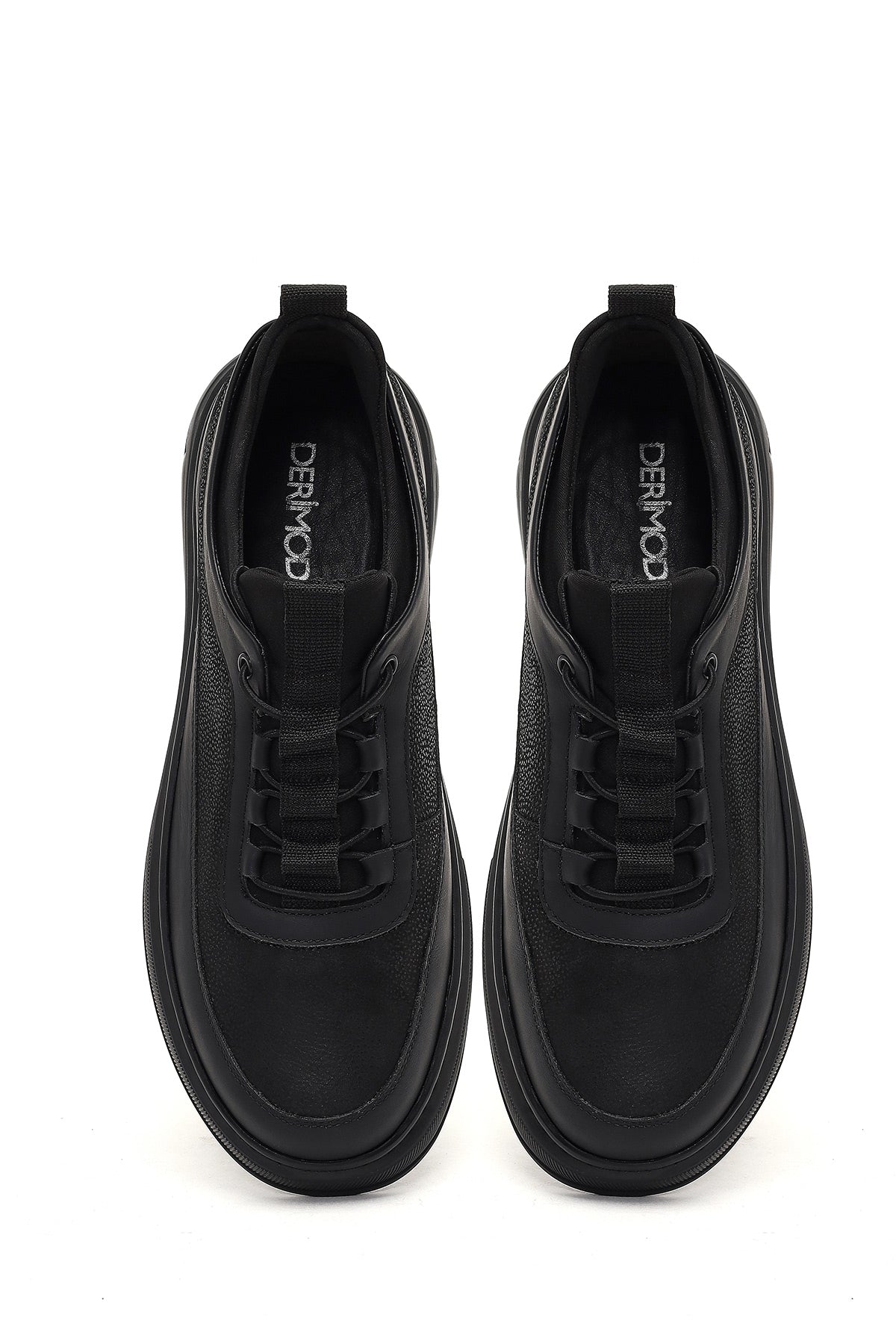 Erkek Siyah Bağcıklı Kalın Tabanlı Deri Sneaker