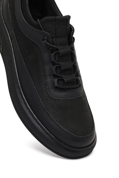 Erkek Siyah Bağcıklı Kalın Tabanlı Deri Sneaker