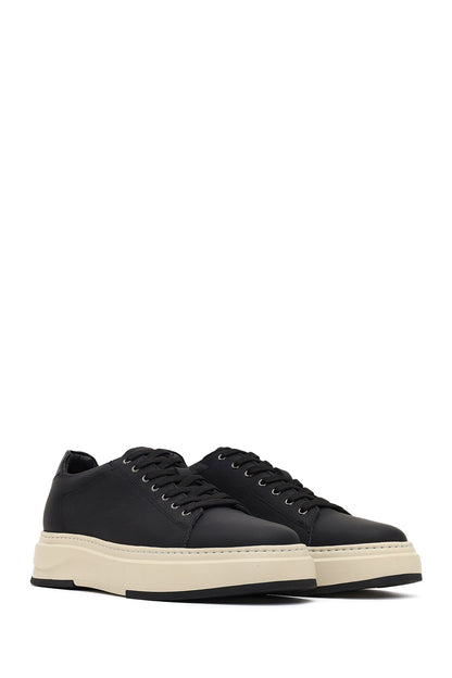Erkek Siyah Bağcıklı Kalın Tabanlı Deri Sneaker