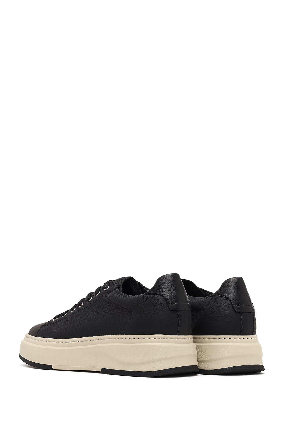 Erkek Siyah Bağcıklı Kalın Tabanlı Deri Sneaker