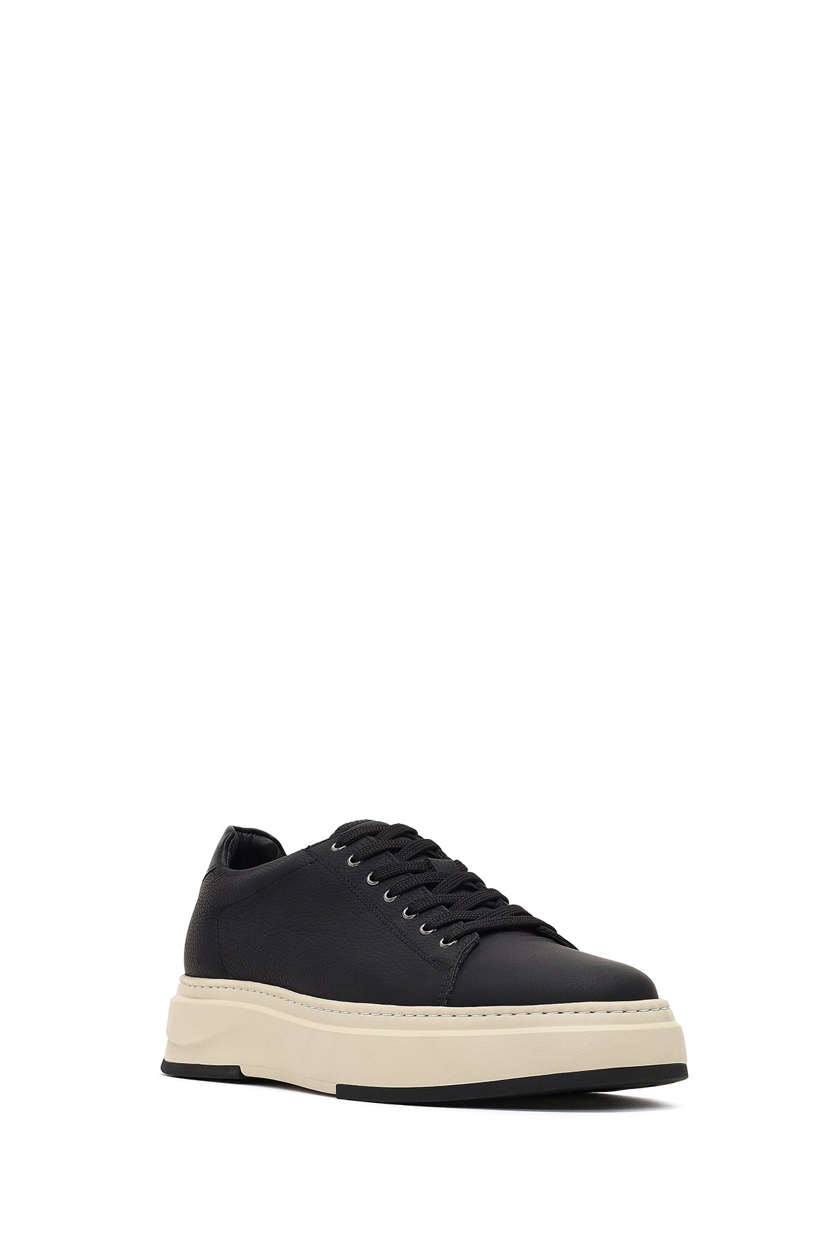 Erkek Siyah Bağcıklı Kalın Tabanlı Deri Sneaker