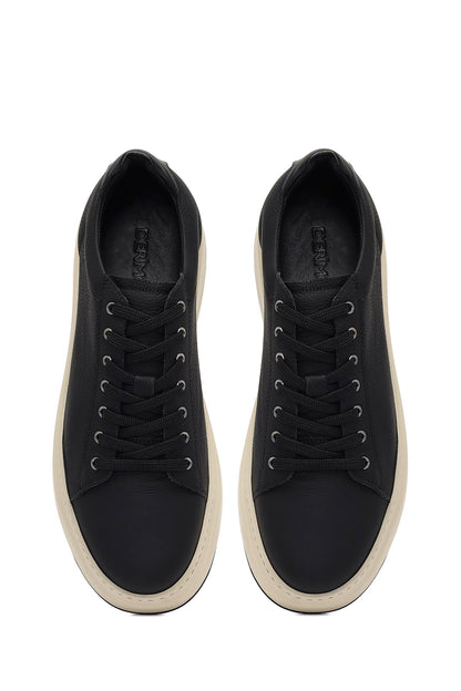 Erkek Siyah Bağcıklı Kalın Tabanlı Deri Sneaker