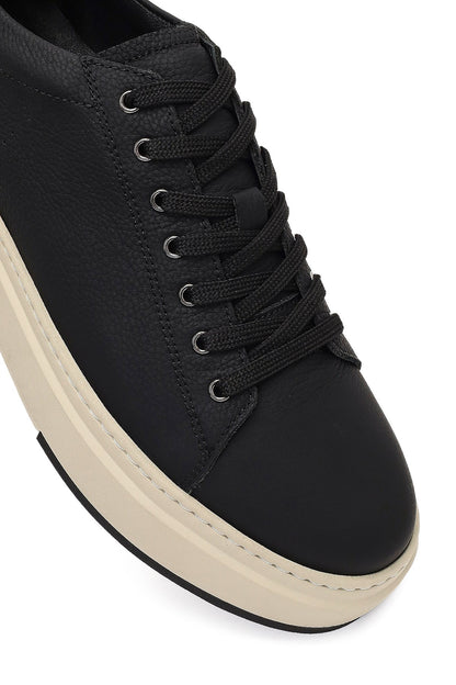 Erkek Siyah Bağcıklı Kalın Tabanlı Deri Sneaker