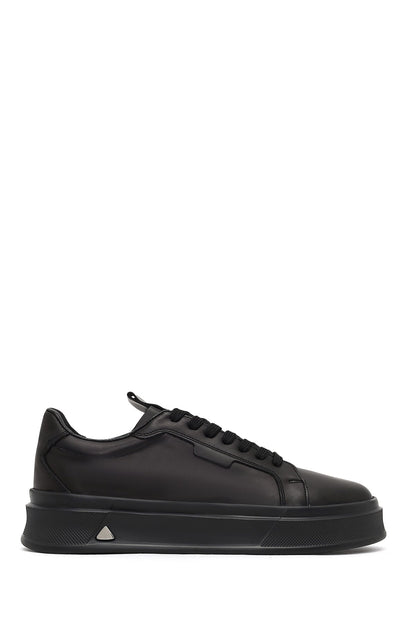 Erkek Siyah Bağcıklı Kalın Tabanlı Deri Sneaker