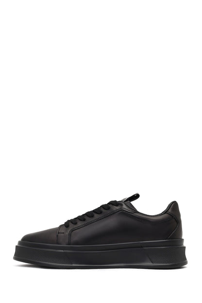 Erkek Siyah Bağcıklı Kalın Tabanlı Deri Sneaker