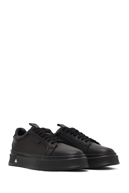 Erkek Siyah Bağcıklı Kalın Tabanlı Deri Sneaker