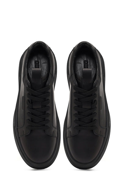 Erkek Siyah Bağcıklı Kalın Tabanlı Deri Sneaker