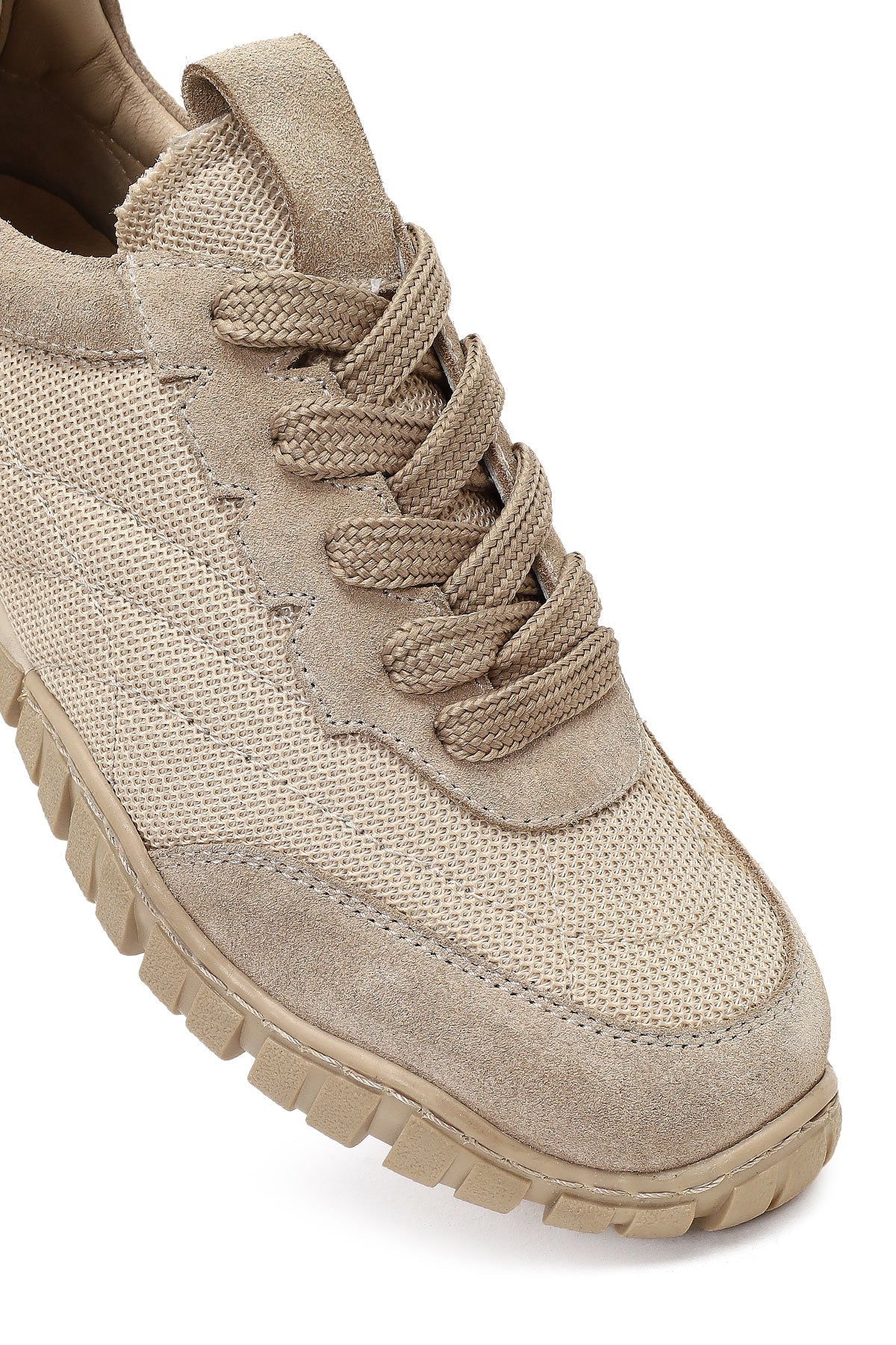Kadın Bej Bağcıklı Deri Sneaker