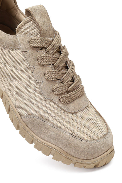 Kadın Bej Bağcıklı Deri Sneaker