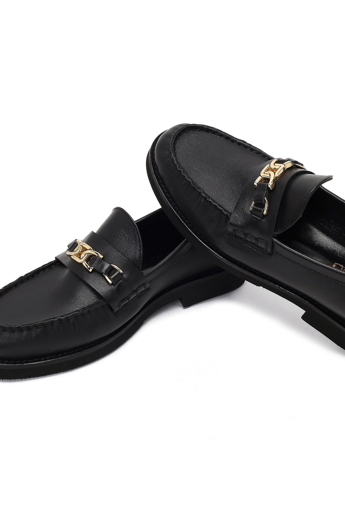 Kadın Siyah Tokalı Deri Loafer