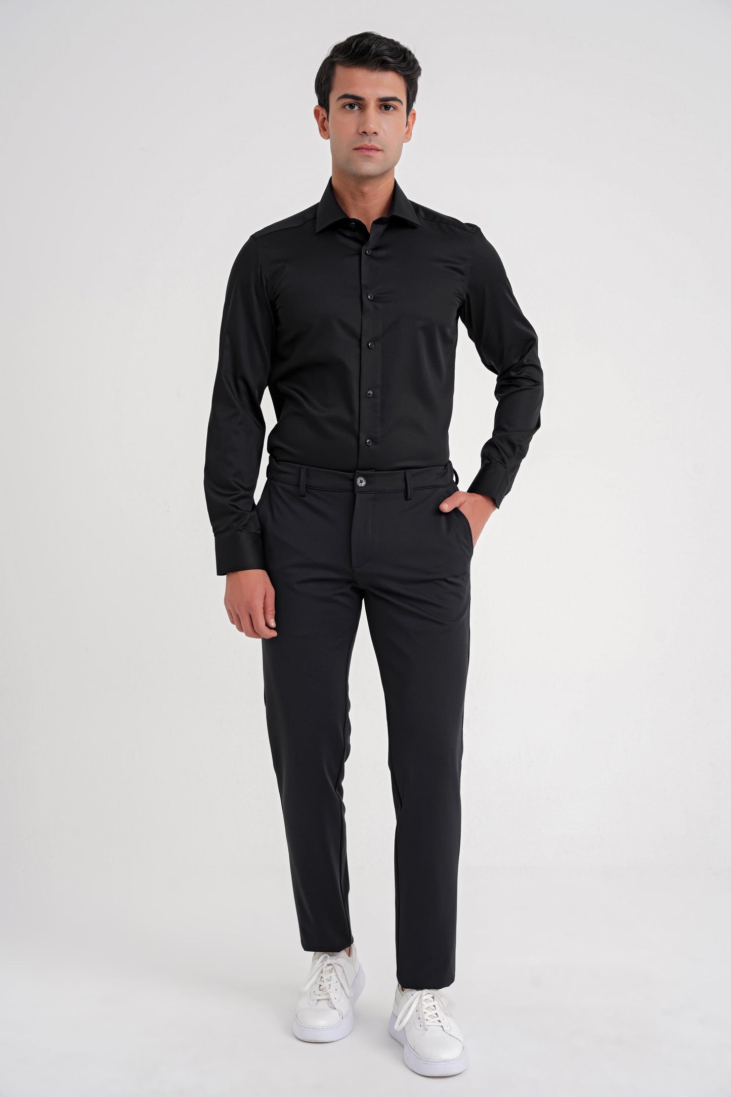 Slim Fit %100 Pamuk Non Iron Kumaş Klasik Siyah Gömlek Gk 734