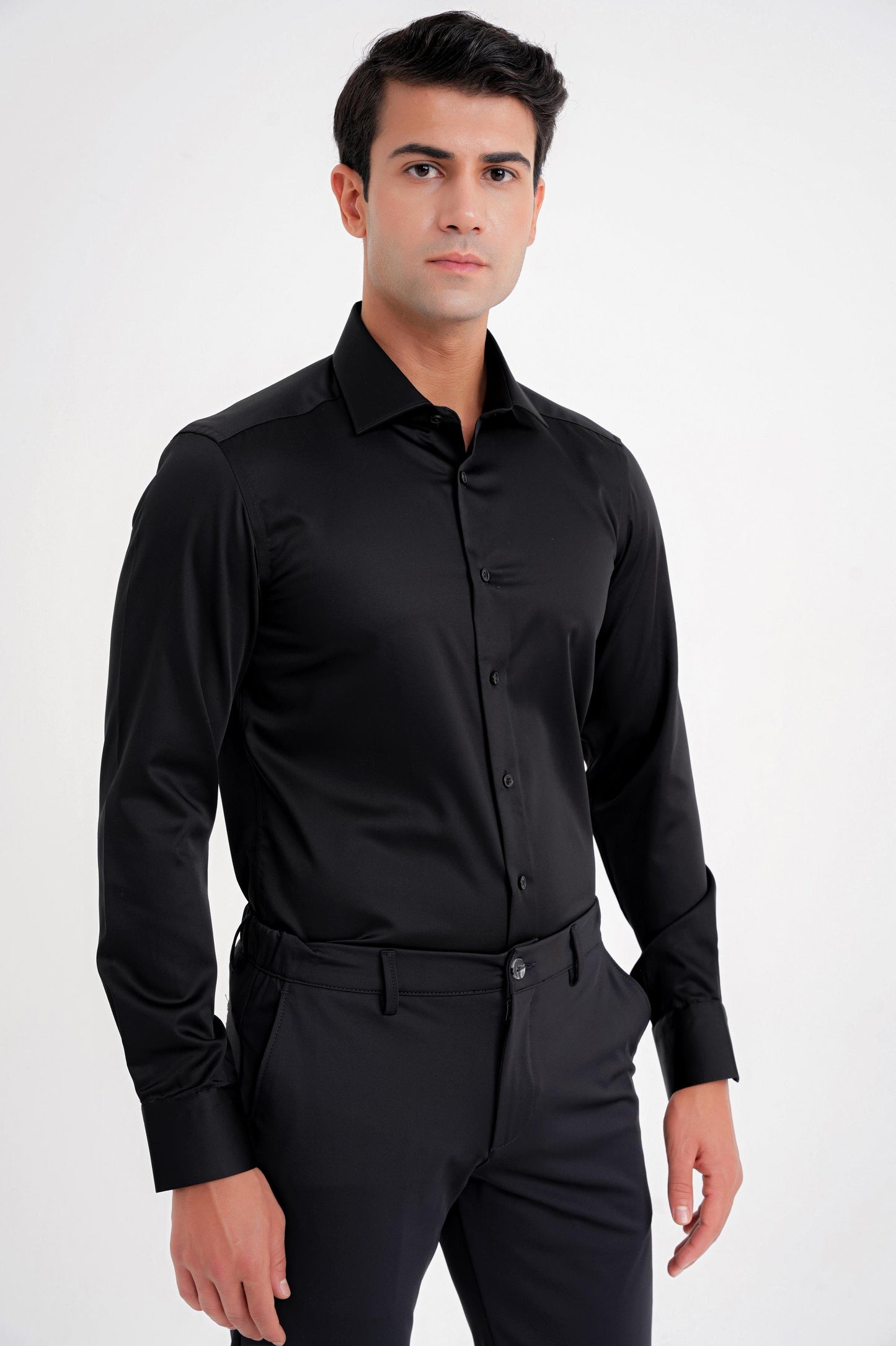 Slim Fit %100 Pamuk Non Iron Kumaş Klasik Siyah Gömlek Gk 734