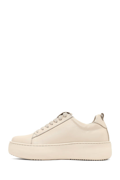 Kadın Bej Bağcıklı Kalın Tabanlı Deri Sneaker