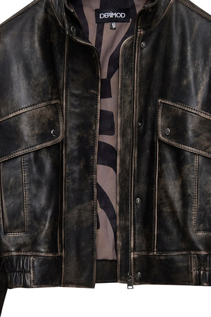 Anita Kadın Kahverengi Oversize Vintage Deri Mont