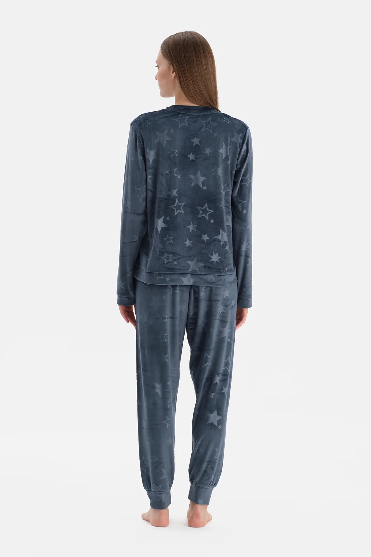 Lacivert Gofre Yıldız Baskılı Tişört Pantalon Pijama Takımı