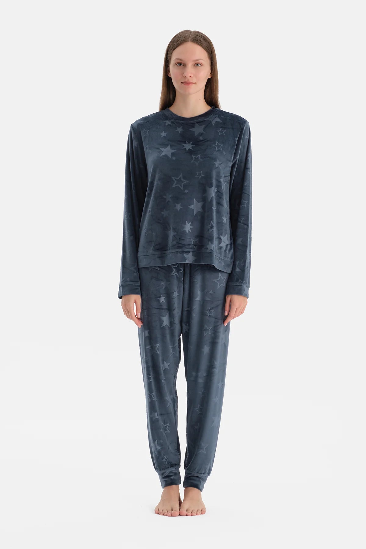 Lacivert Gofre Yıldız Baskılı Tişört Pantalon Pijama Takımı