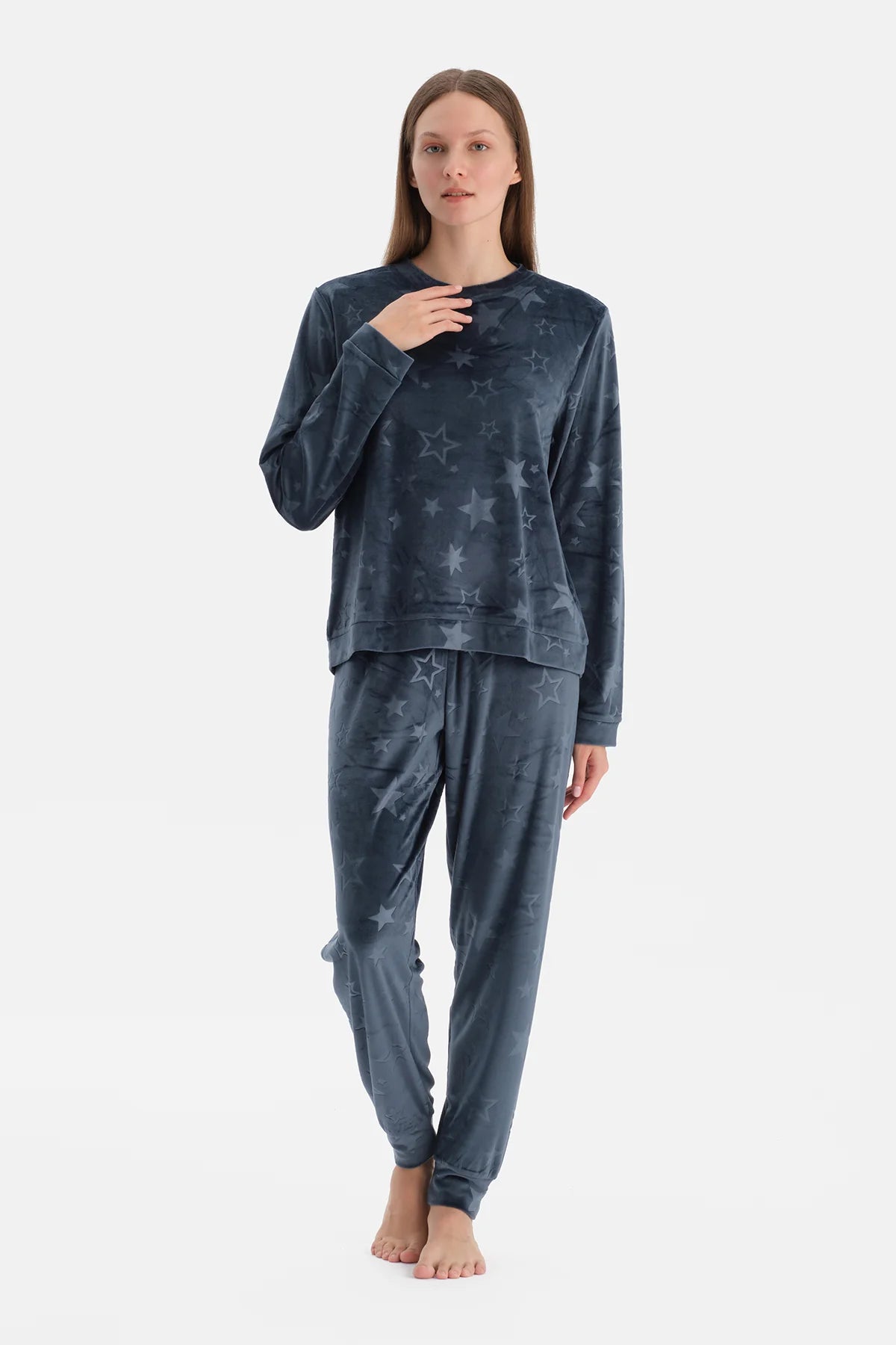 Lacivert Gofre Yıldız Baskılı Tişört Pantalon Pijama Takımı