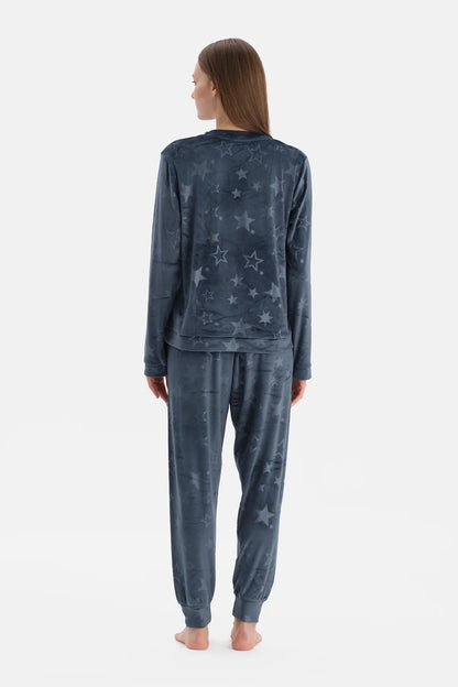 Lacivert Gofre Yıldız Baskılı Tişört Pantalon Pijama Takımı