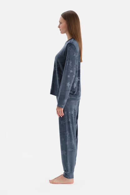 Lacivert Gofre Yıldız Baskılı Tişört Pantalon Pijama Takımı