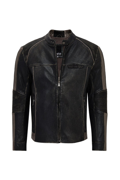 Barry Erkek Gri Hakim Yaka Slim-fit Deri Mont