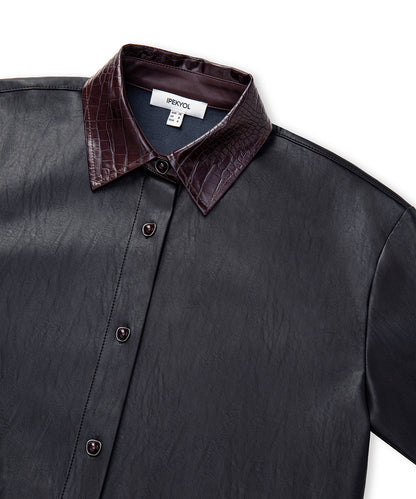Kontrast Yaka Deri Görünümlü Gömlek