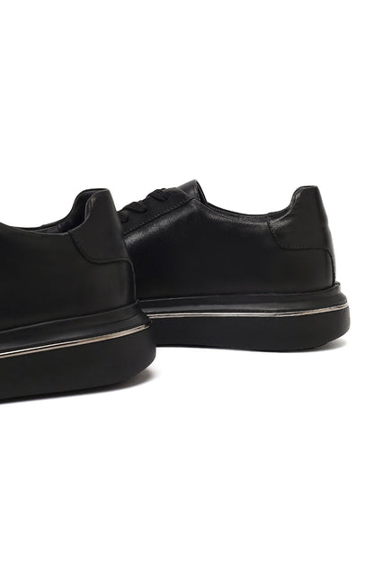 Erkek Siyah Bağcıklı Kalın Tabanlı Deri Sneaker