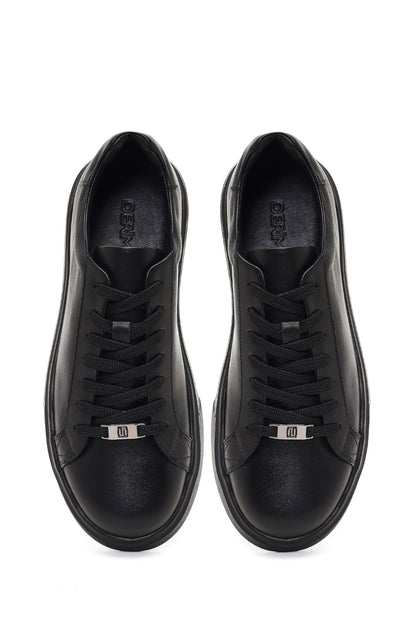 Erkek Siyah Bağcıklı Kalın Tabanlı Deri Sneaker