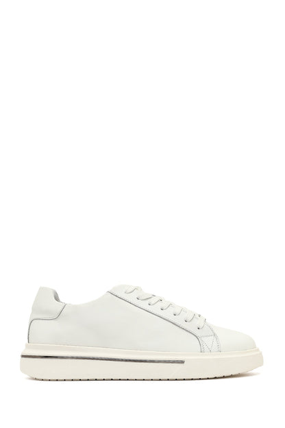 Erkek Beyaz Bağcıklı Kalın Tabanlı Deri Sneaker