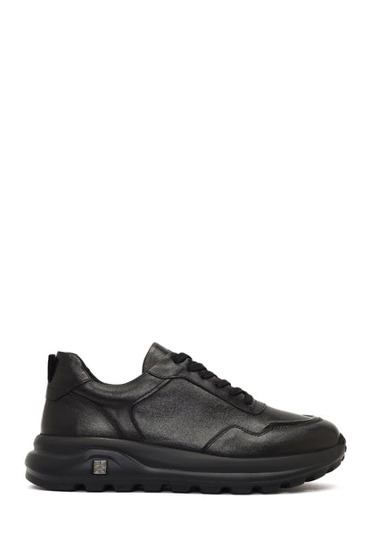 Erkek Siyah Bağcıklı Kalın Tabanlı Deri Sneaker