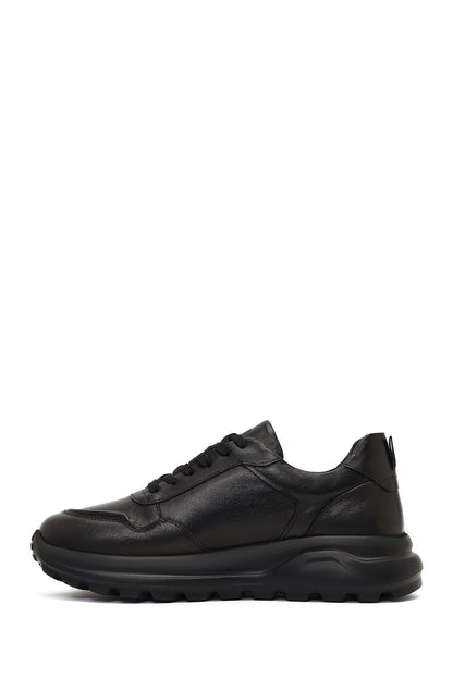 Erkek Siyah Bağcıklı Kalın Tabanlı Deri Sneaker