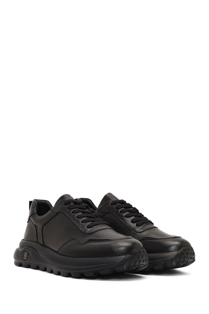 Erkek Siyah Bağcıklı Kalın Tabanlı Deri Sneaker