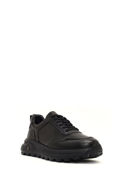 Erkek Siyah Bağcıklı Kalın Tabanlı Deri Sneaker