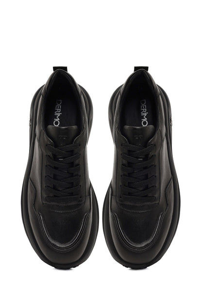 Erkek Siyah Bağcıklı Kalın Tabanlı Deri Sneaker