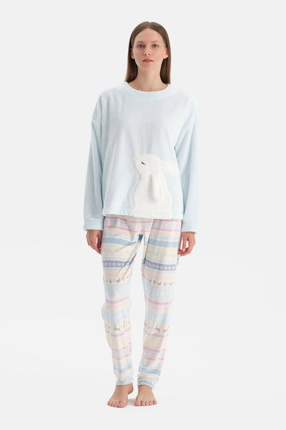 Açık Mavi Tavşanlı Baskılı Tişört Pantolon Pijama Takımı