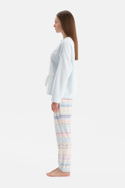 Açık Mavi Tavşanlı Baskılı Tişört Pantolon Pijama Takımı