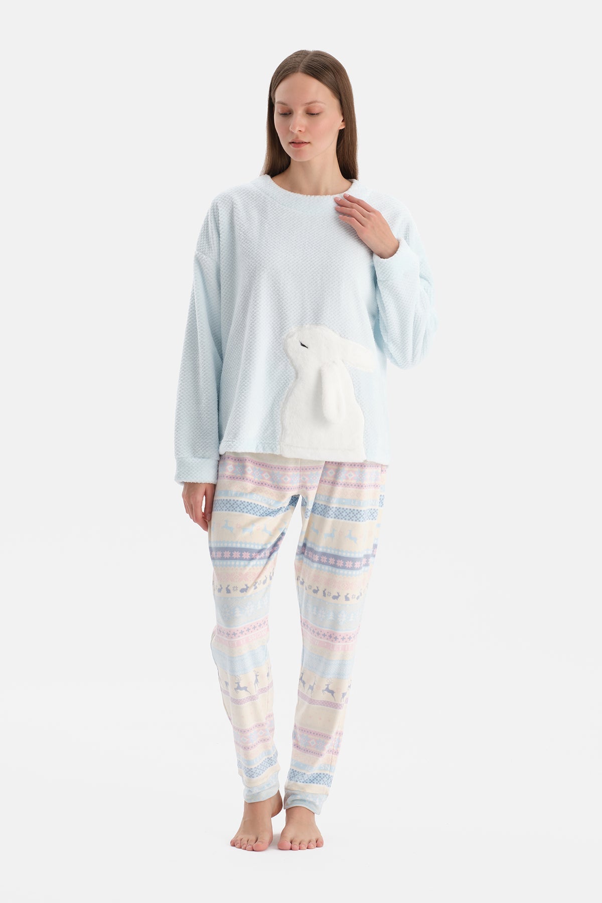 Açık Mavi Tavşanlı Baskılı Tişört Pantolon Pijama Takımı