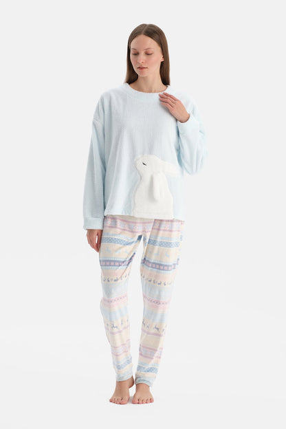 Açık Mavi Tavşanlı Baskılı Tişört Pantolon Pijama Takımı