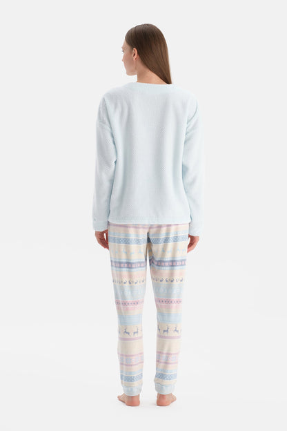 Açık Mavi Tavşanlı Baskılı Tişört Pantolon Pijama Takımı