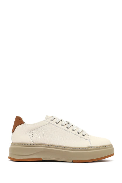 Erkek Beyaz Bağcıklı Kalın Tabanlı Deri Sneaker