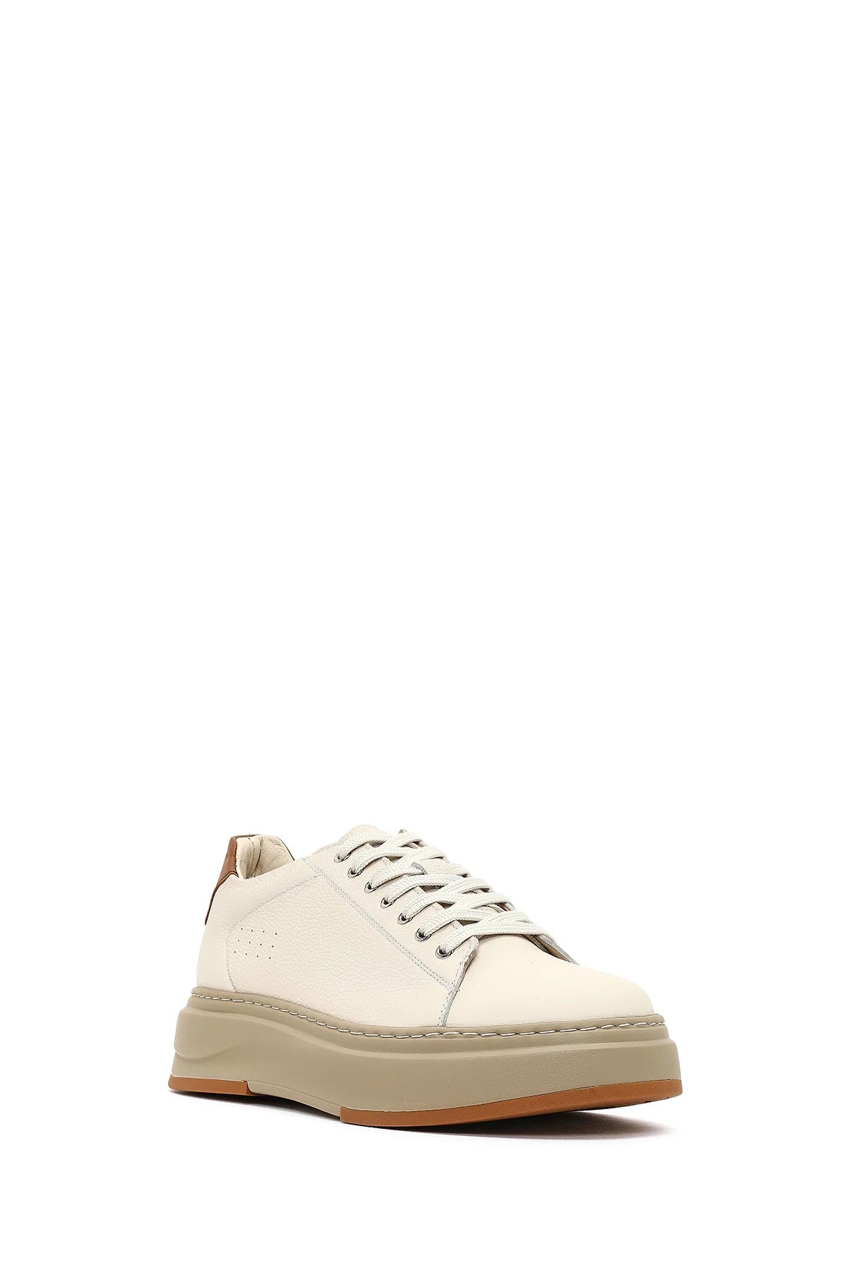 Erkek Beyaz Bağcıklı Kalın Tabanlı Deri Sneaker